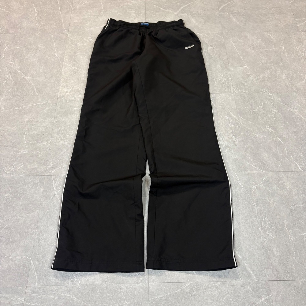Reebok Mens Black Track Pants White Side Stripe Windbreaker Straight Leg 4162